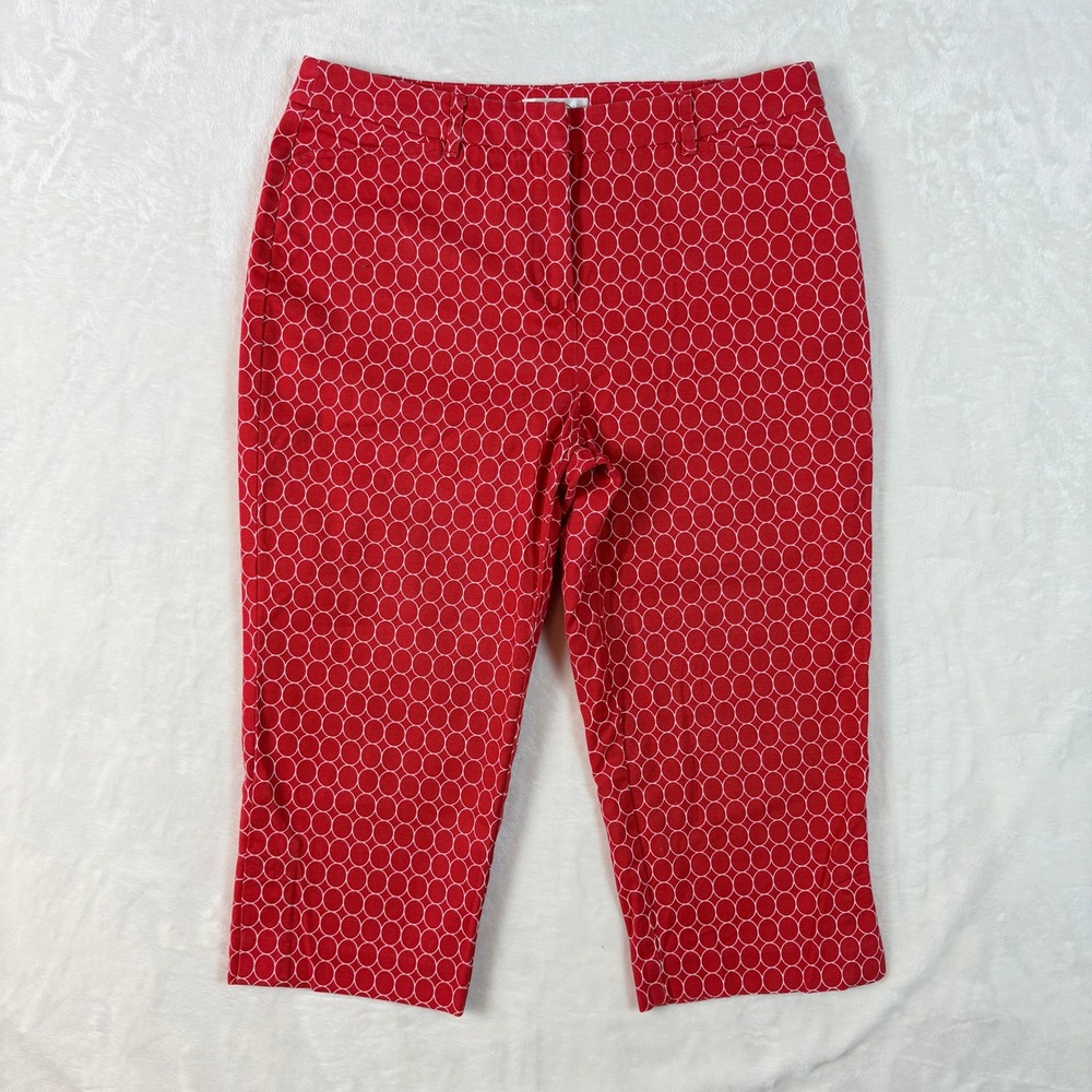Talbots Cropped Pants Womens 8P Red White Circle Print Excellent Stretch Capri